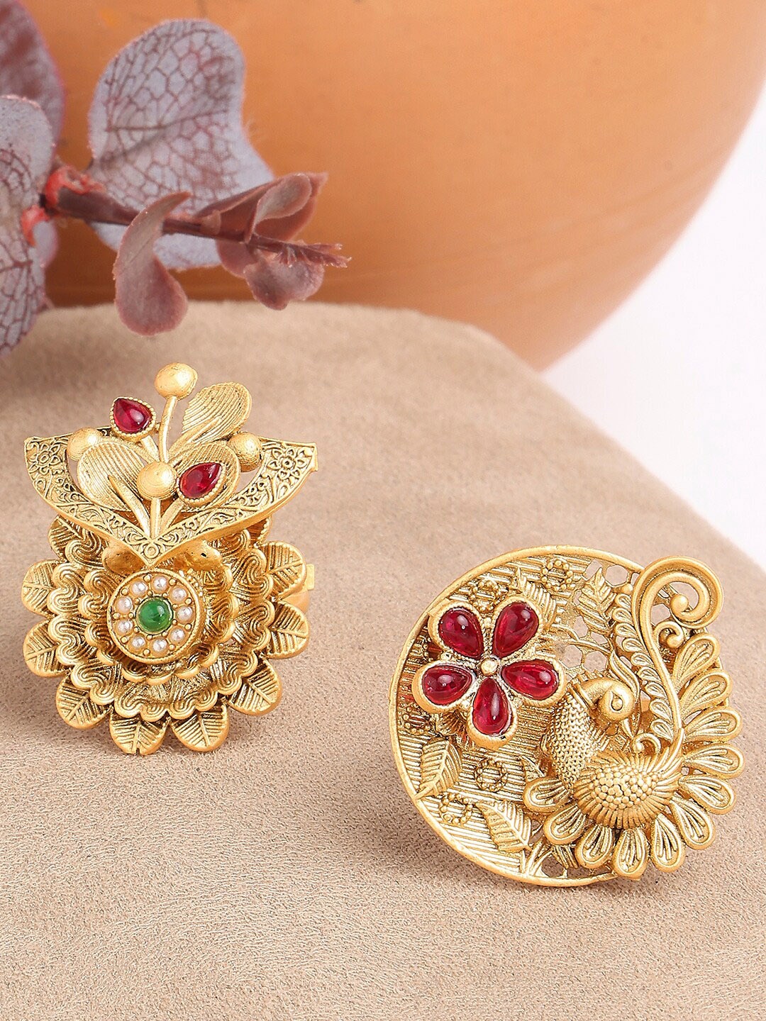 

OOMPH Set Of 2 Gold-Plated Stone-Studded Adjustable Finger Rings