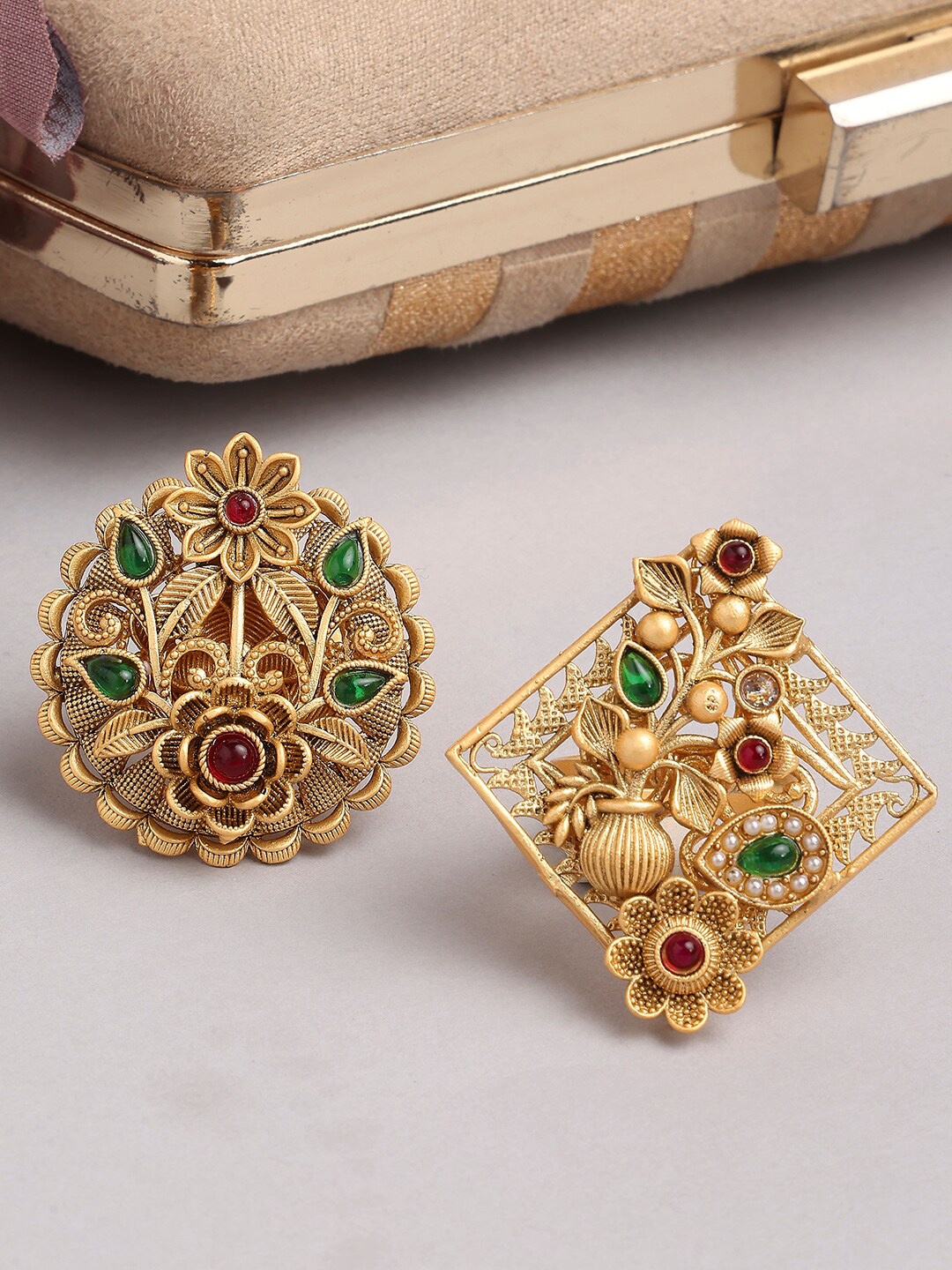 

OOMPH Set Of 2 Gold-Plated Stone-Studded Adjustable Finger Ring