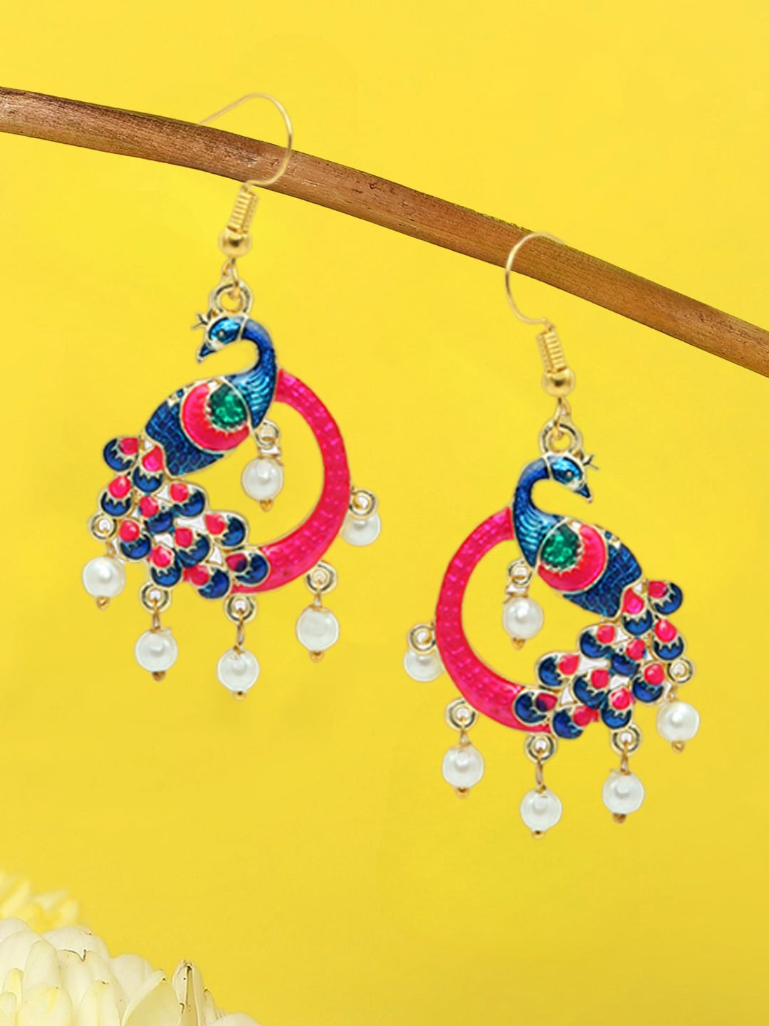 

OOMPH Beaded Peacock Shaped Drop Earrings, Pink