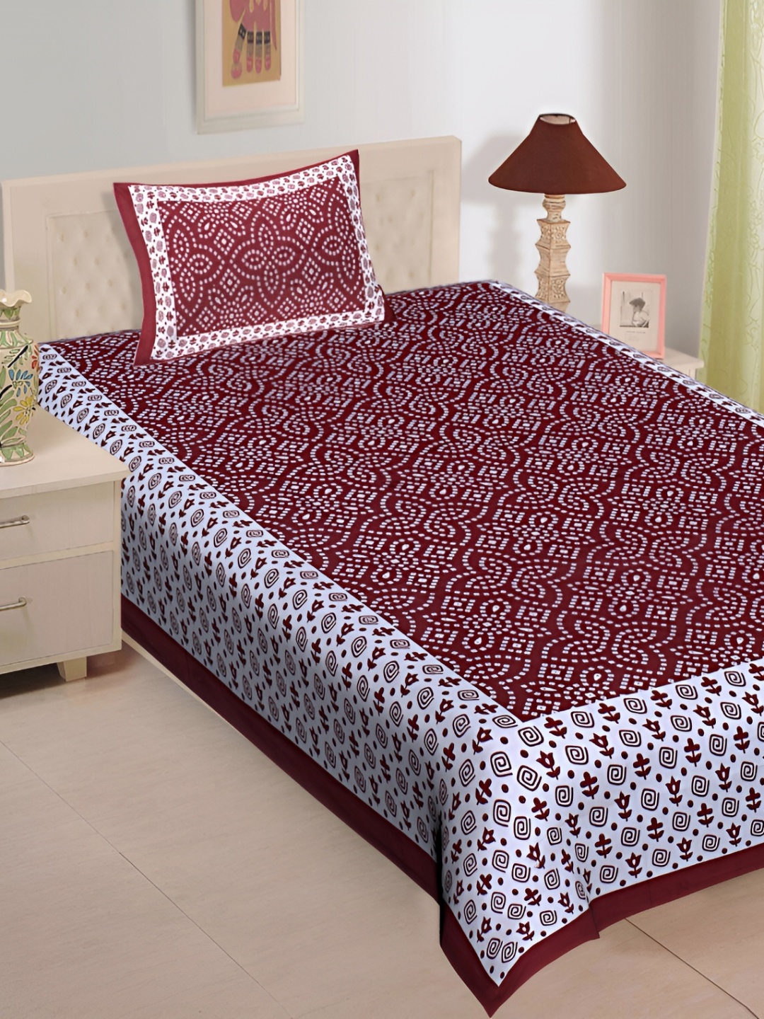 

UNIBLISS Maroon & White Printed Cotton 144 TC Single Bedsheet With 1 Pillow Cover