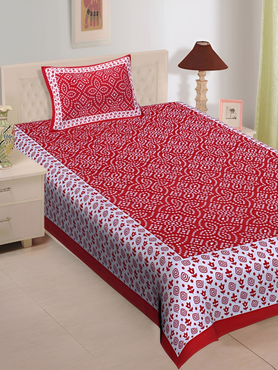 

UNIBLISS Red & White Floral Printed Cotton 144 TC Single Bedsheet With 1 Pillow Cover