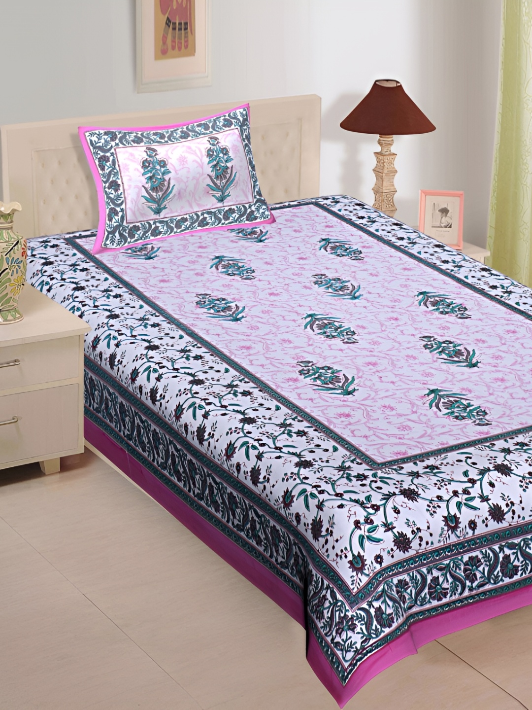 

UNIBLISS Pink Ethnic Motifs 144 TC Cotton 300 GSM Single Bedsheet With Pillow Cover