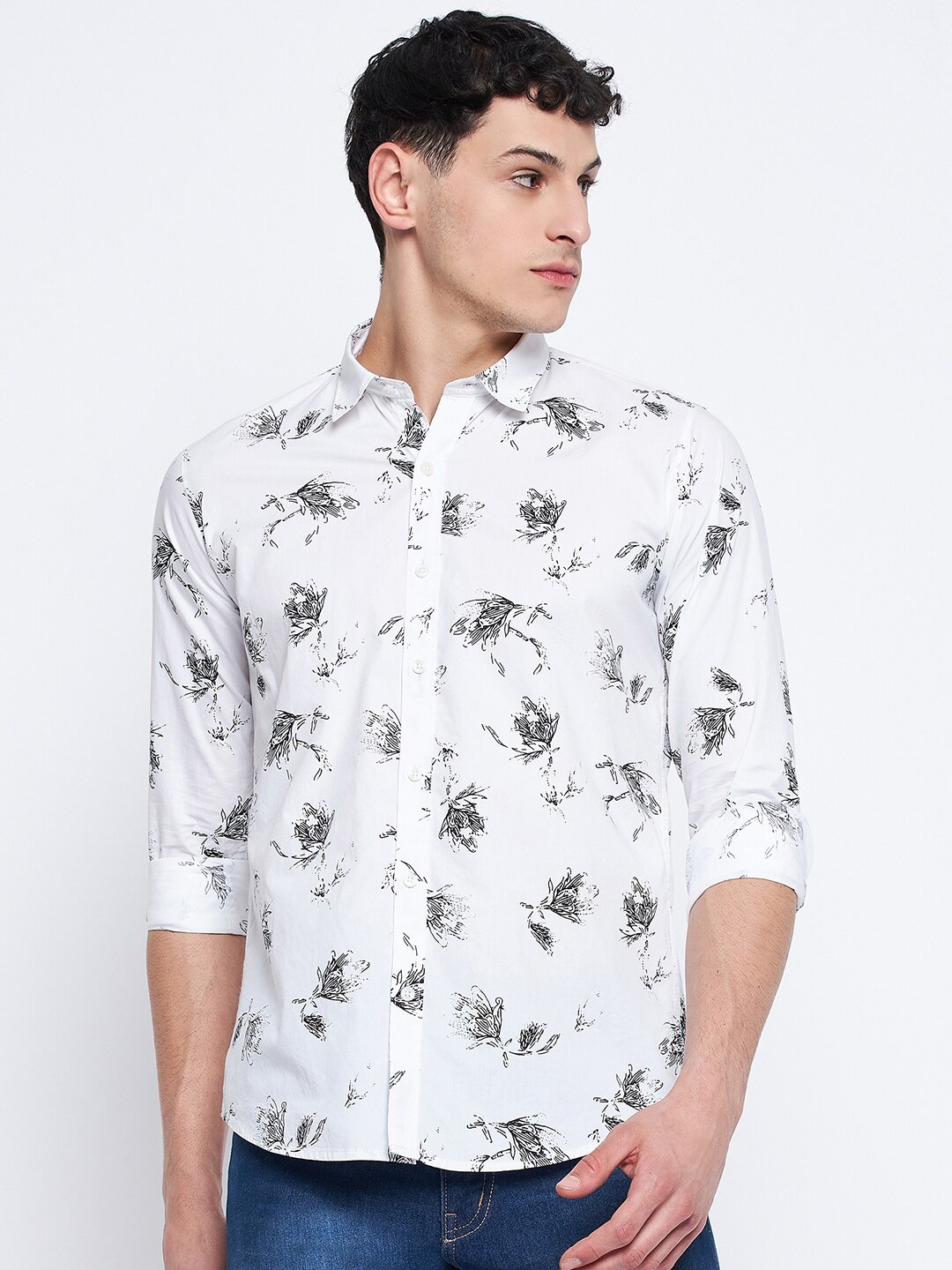 

Duke Slim Fit Floral Printed Spread Collar Cotton Casual Shirt, White