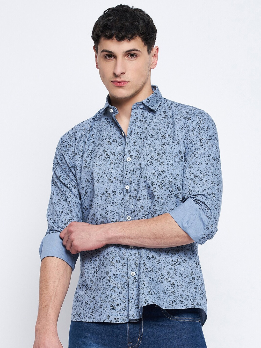 

Duke Slim Fit Floral Printed Spread Collar Cotton Casual Shirt, Blue