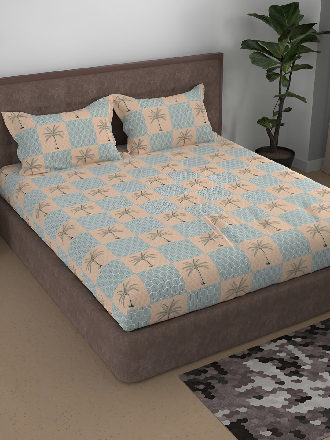 

Aura Green & Peach Floral Printed Cotton 180 TC Queen Bedsheet With 2 Pillow Covers