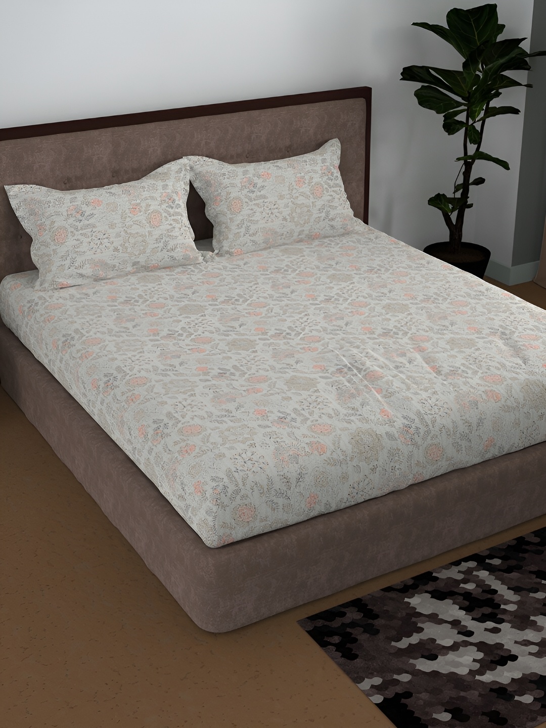 

Aura Beige & Orange Floral Printed Cotton 180 TC Queen Bedsheet With 2 Pillow Covers