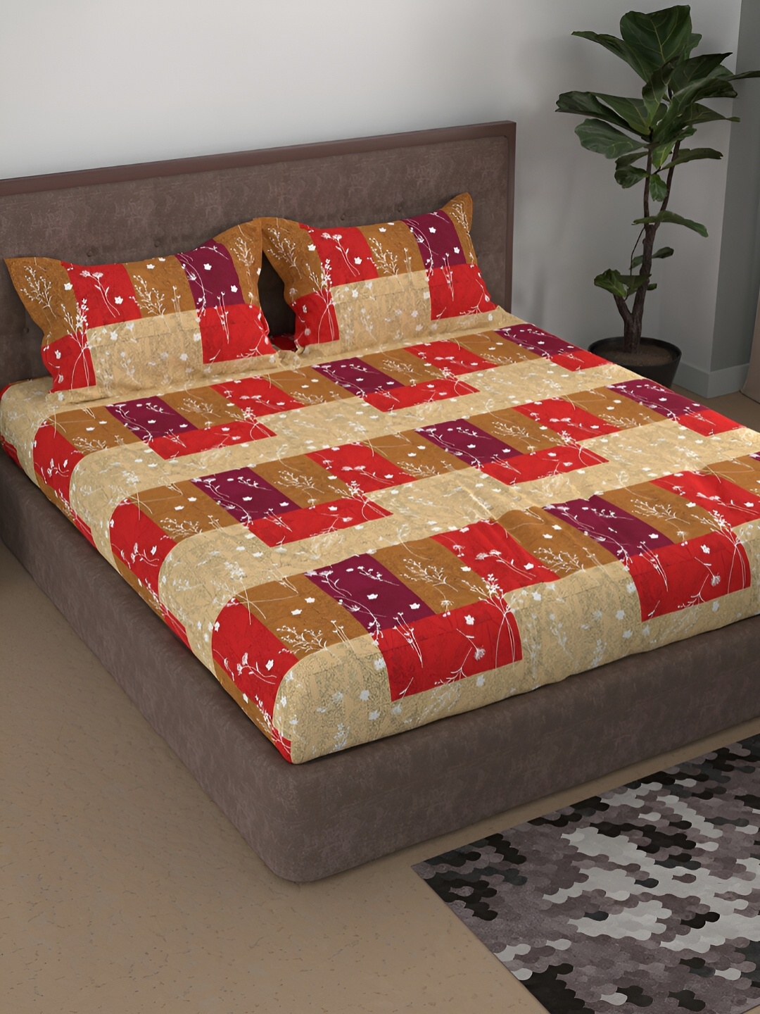 

Aura Red & Brown Geometric Printed Cotton 180 TC Queen Bedsheet With 2 Pillow Covers