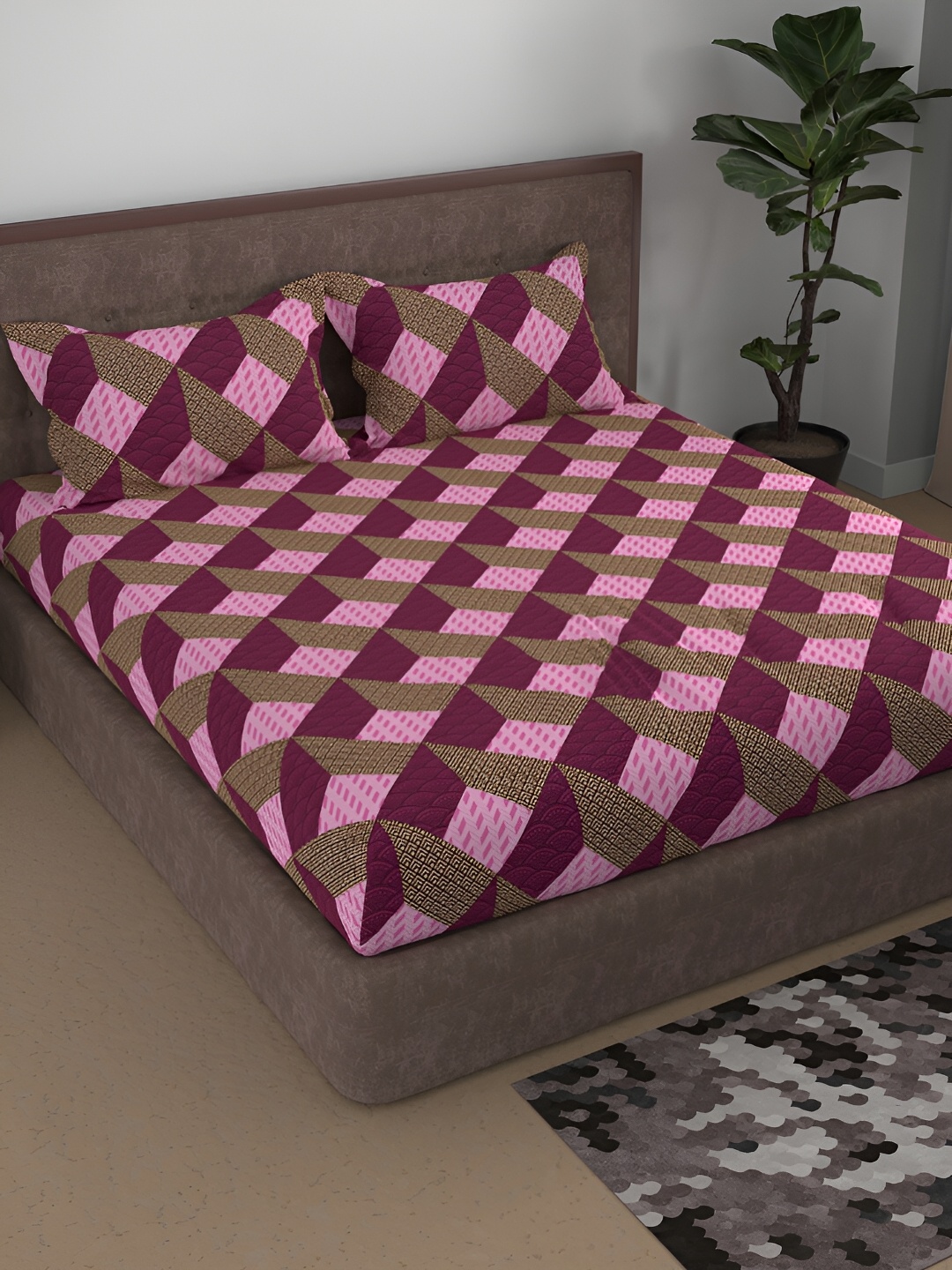 

Aura Pink & Brown Geometric 180 TC Cotton Queen Bedsheet with 2 Pillow Covers