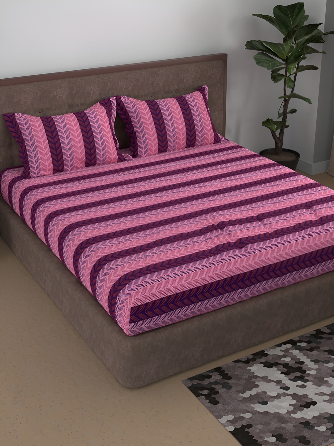 

Aura Pink & Purple Striped Printed Cotton 180 TC Queen Bedsheet With 2 Pillow Covers
