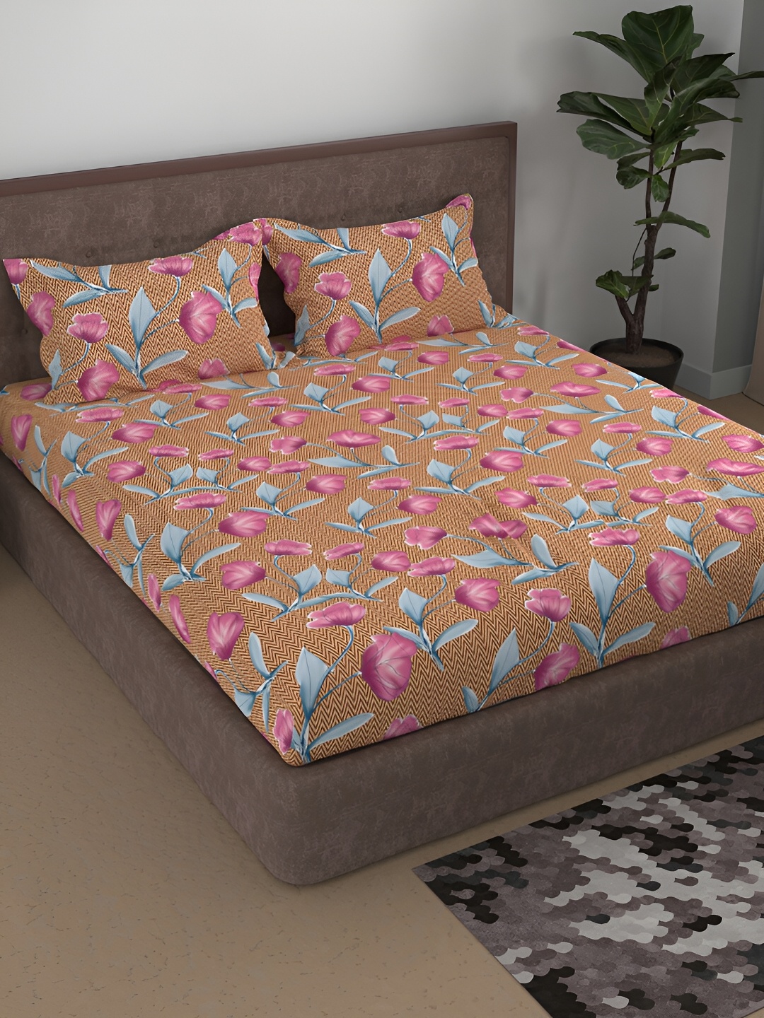 

Aura Brown & Blue Floral Printed Cotton 180 TC Queen Bedsheet With 2 Pillow Covers