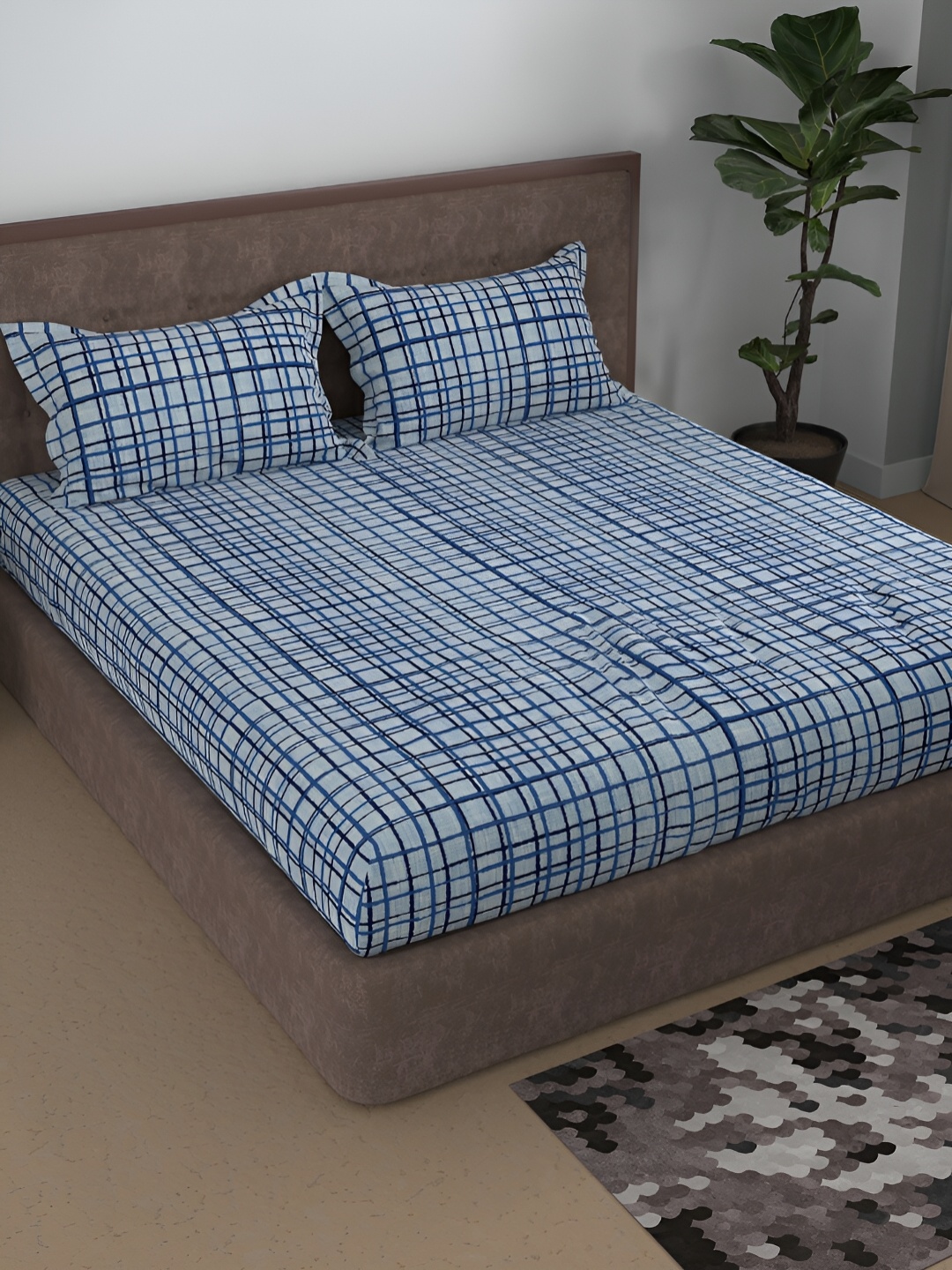 

Aura Blue Geometric Printed Cotton 180 TC Queen Bedsheet With 2 Pillow Covers