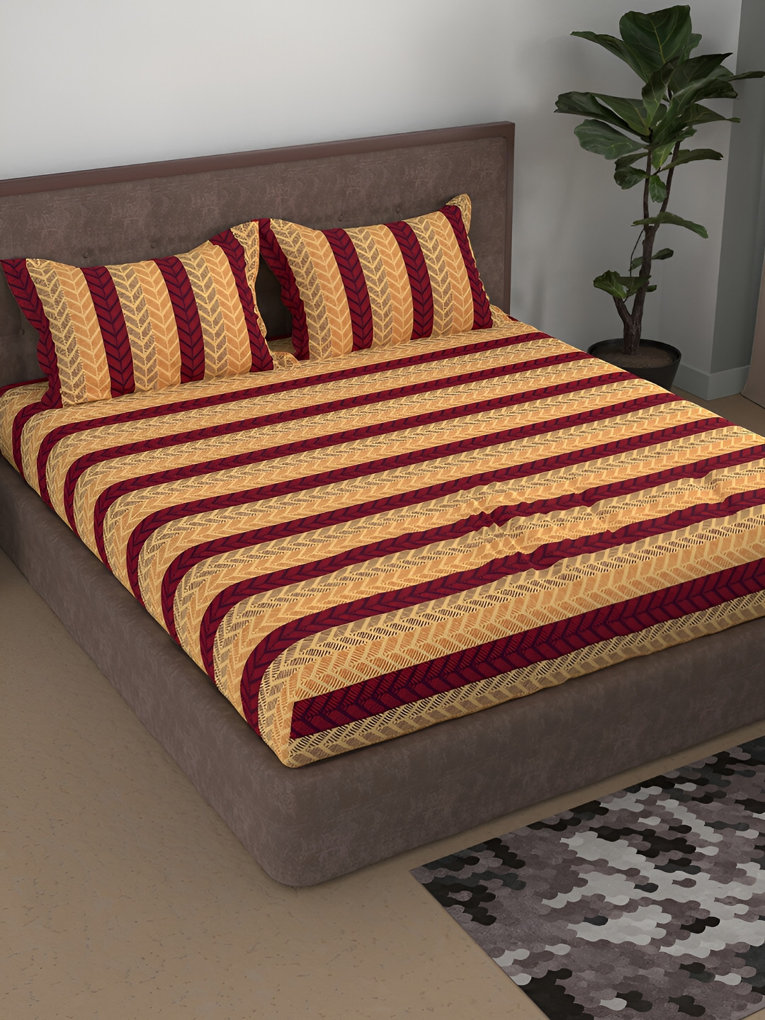 

Aura Yellow & Red Striped Printed Cotton 180 TC Queen Bedsheet With 2 Pillow Covers