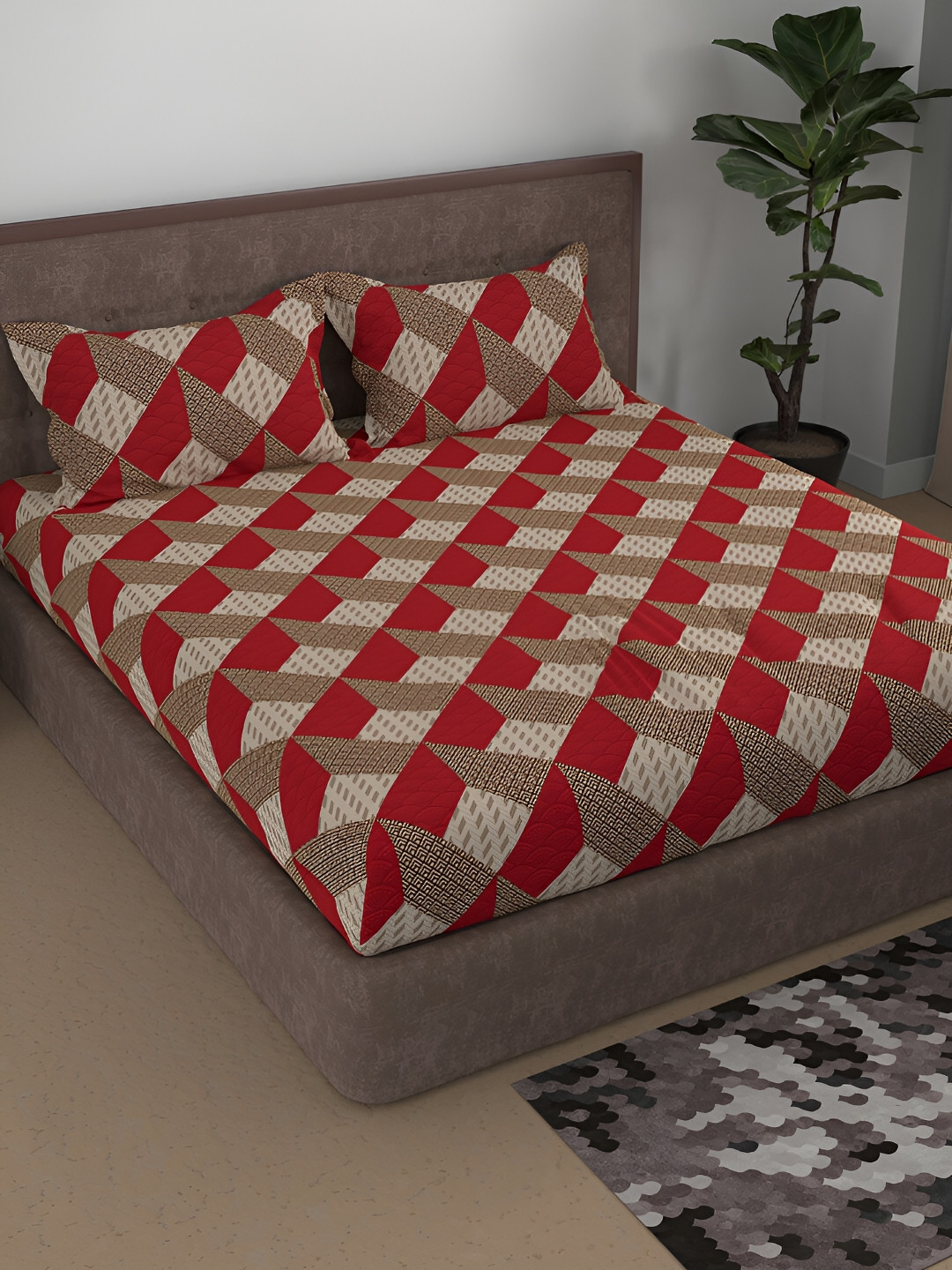 

Aura Red & Brown Geometric Printed Cotton 180 TC Queen Bedsheet With 2 Pillow Covers
