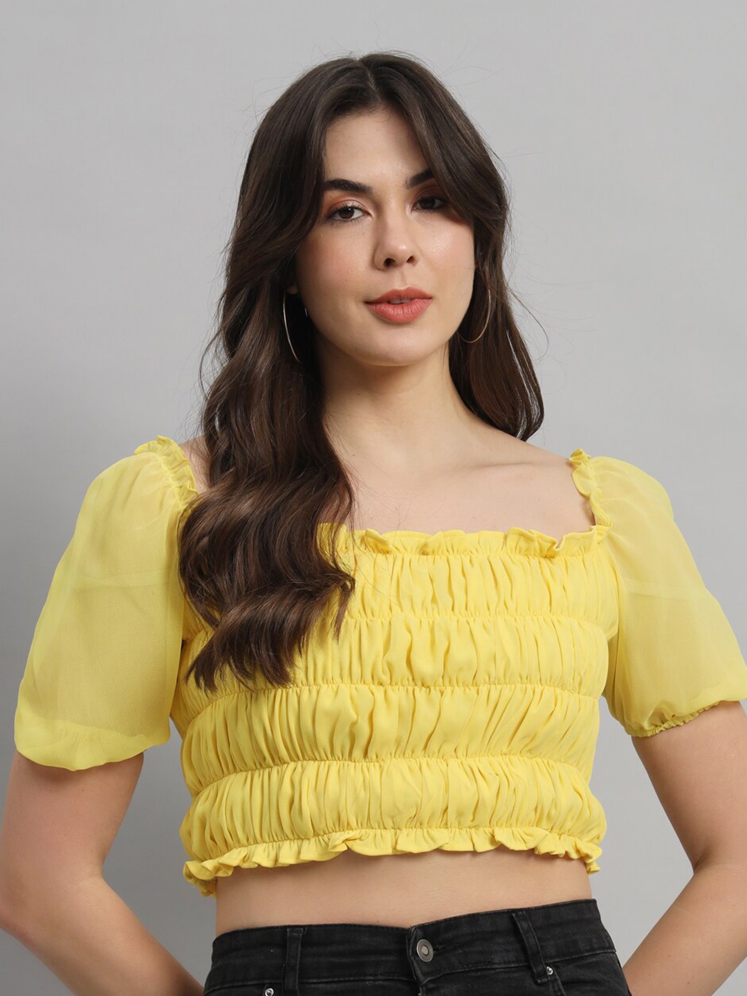 SCORPIUS Square Neck Tiered Crop Top, Yellow