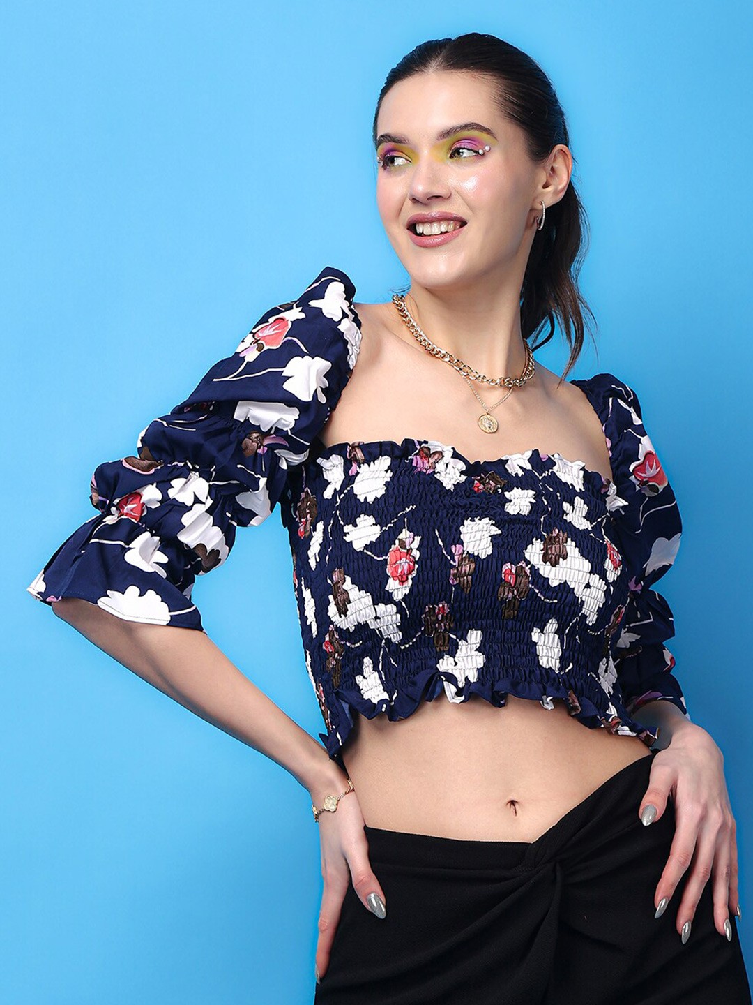 

SCORPIUS Floral Printed Bell Sleeves Blouson Crop Top, Navy blue