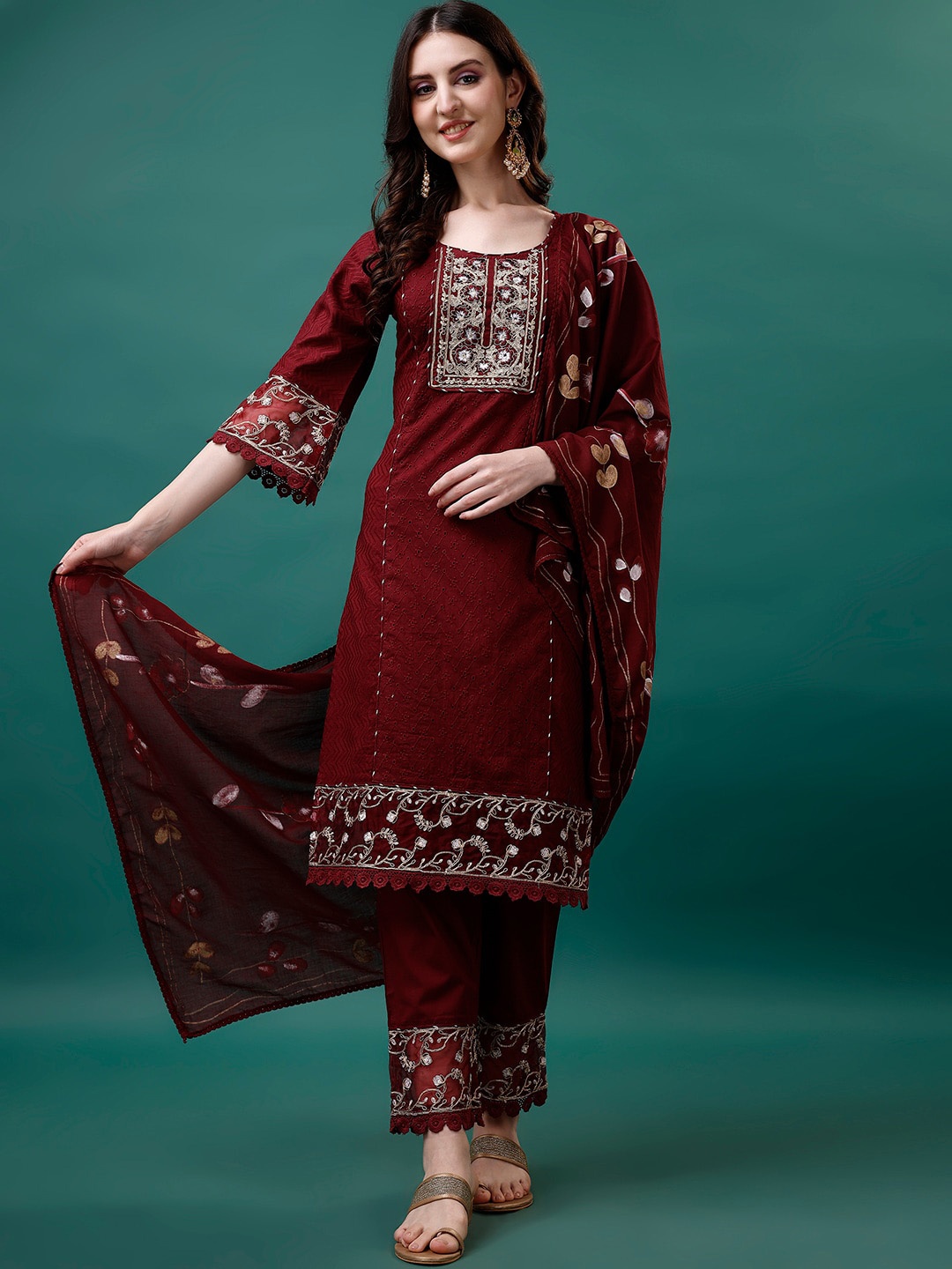 

KALINI Floral Embroidered Thread Work Pure Cotton Kurta With Trousers & Dupatta, Maroon