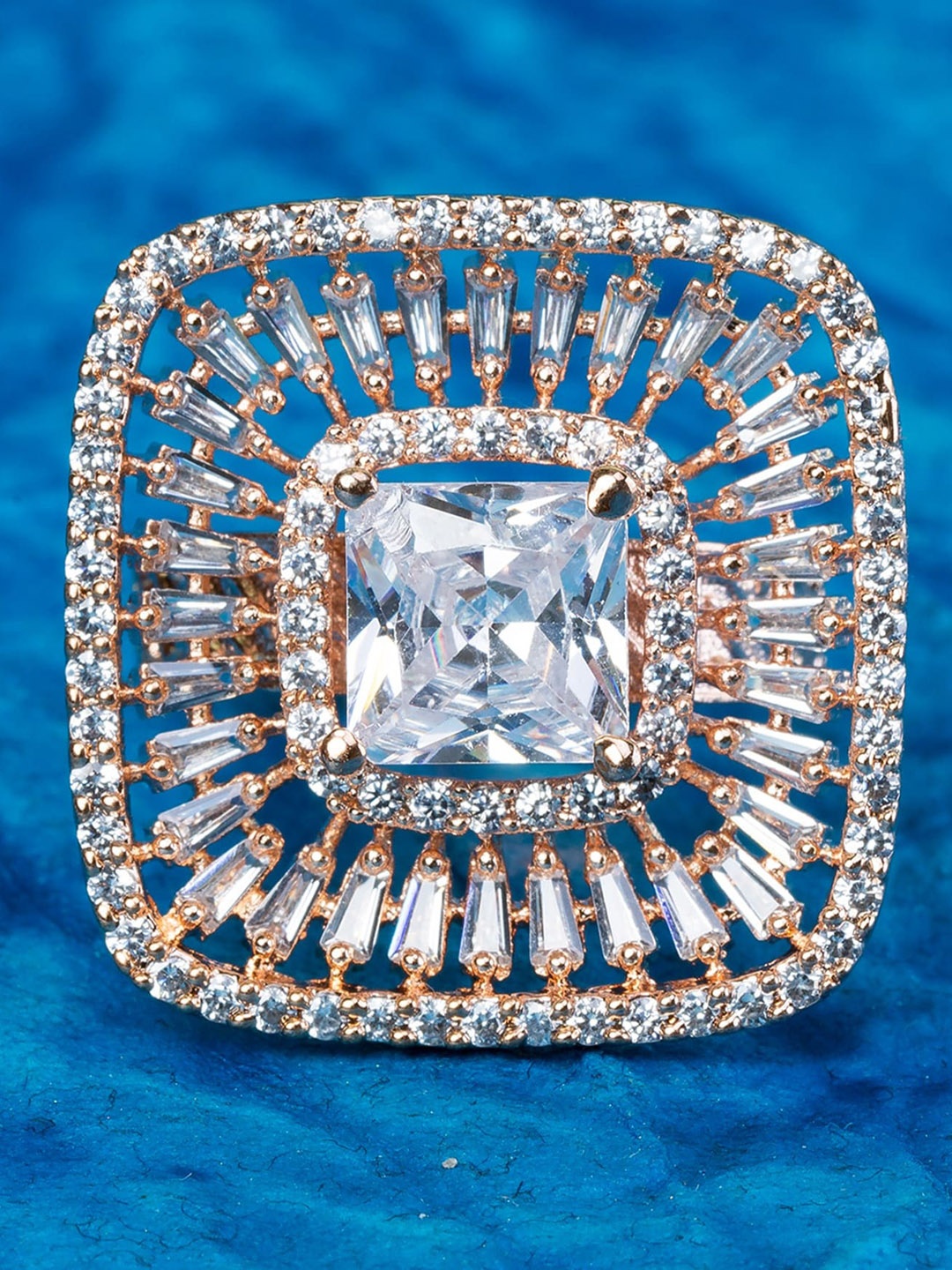 

Manikya Rose Gold Plated Cubic Zirconia Studded Finger Ring