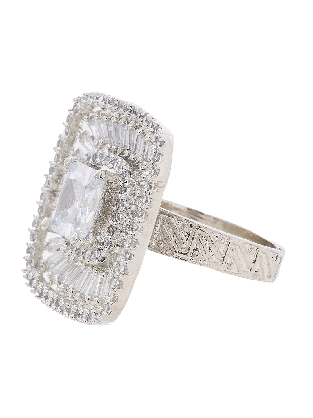 

Manikya Rhodium Plated Cubic Zirconia Studded Finger Ring, Silver