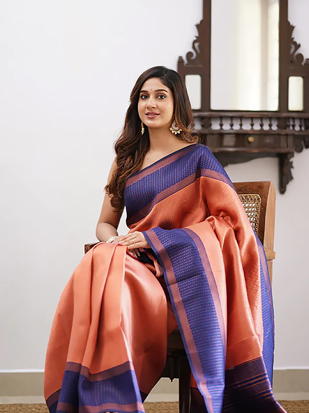 

BerMondsey Woven Design Zari Banarasi Saree, Peach