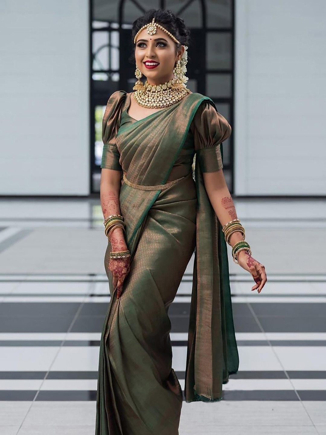 

BerMondsey Ethnic Motifs Zari Banarasi Saree, Green