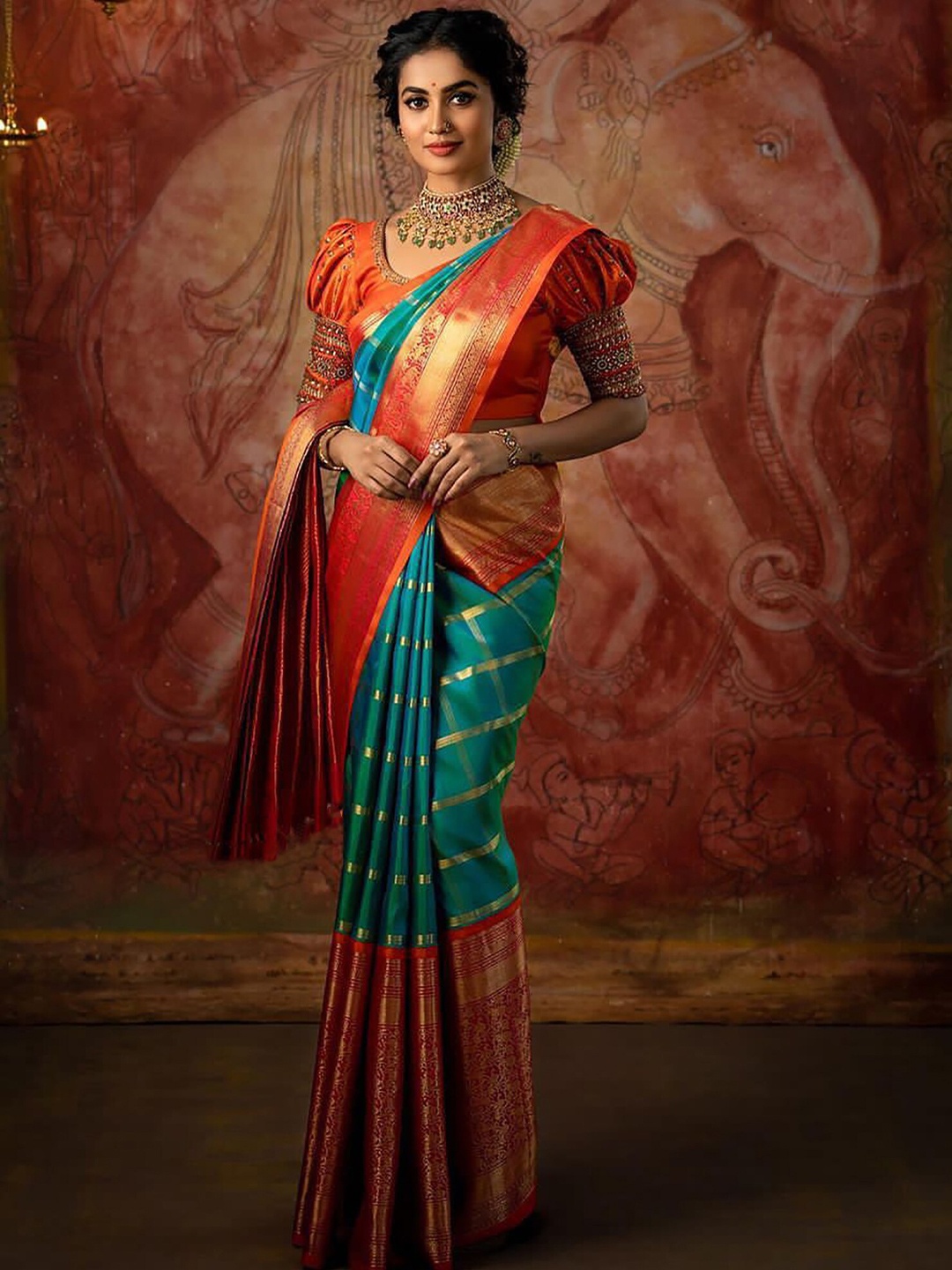 

BerMondsey Checked Zari Banarasi Saree, Green