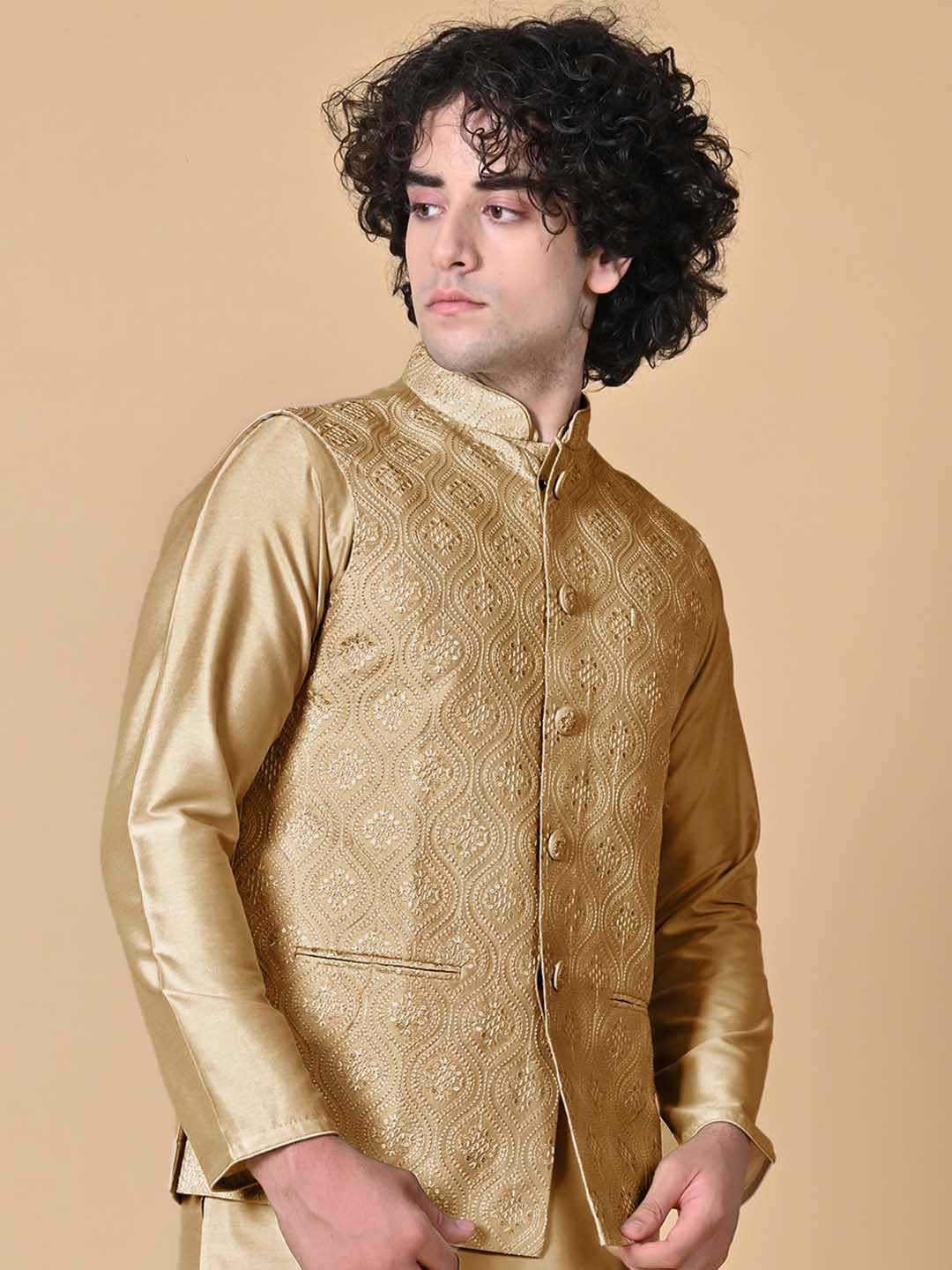 

MAAHI FABS Embroidered Mandarin Collar Nehru Jackets, Gold