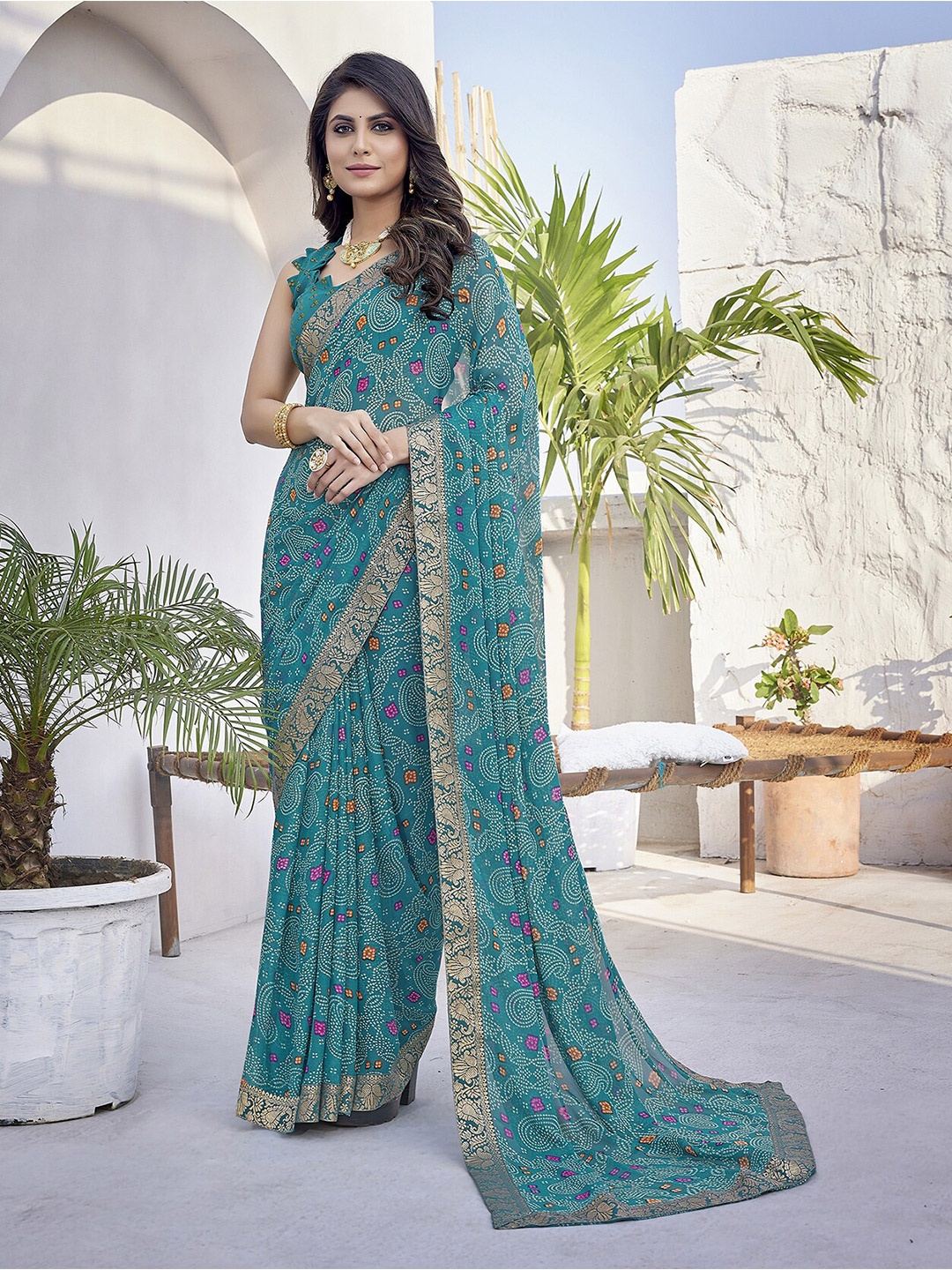 

MAGMINA Bandhani Printed Pure Georgette Banarasi Saree, Turquoise blue
