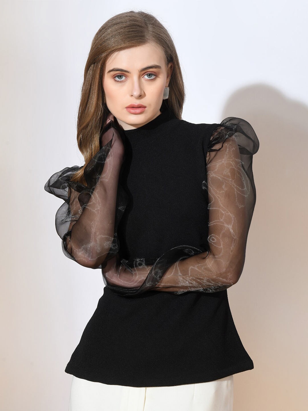 

IUGA High Neck Puff Sleeves Peplum Top, Black