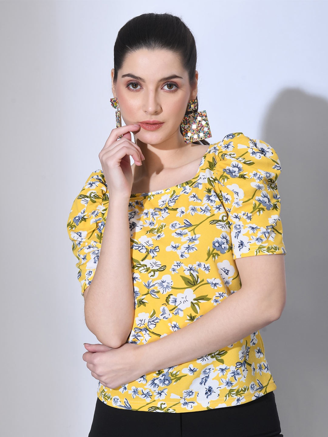 

IUGA Floral Printed Puff Sleeve Top, Yellow