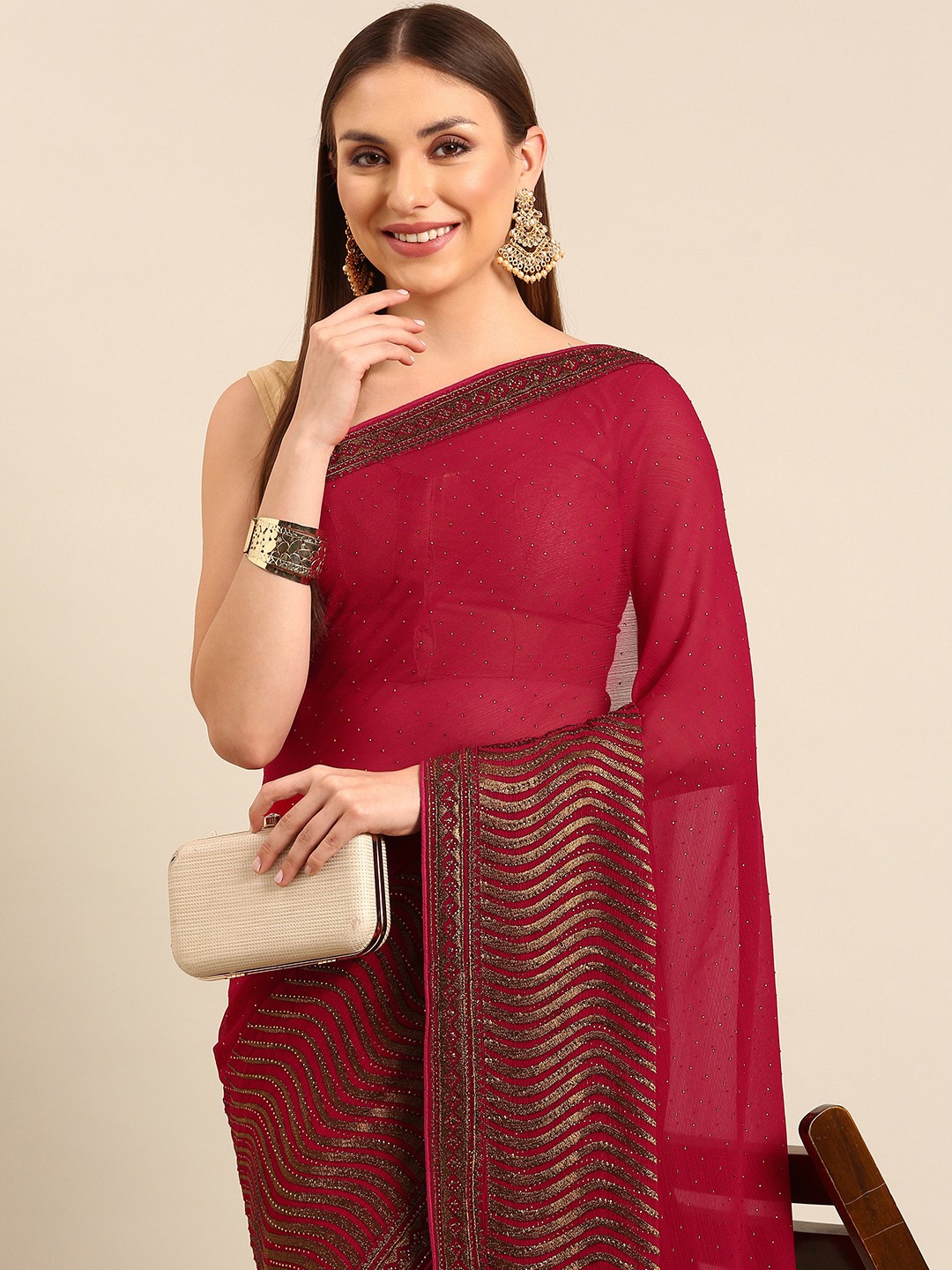 

MAHALASA Zari Pure Chiffon Saree, Red