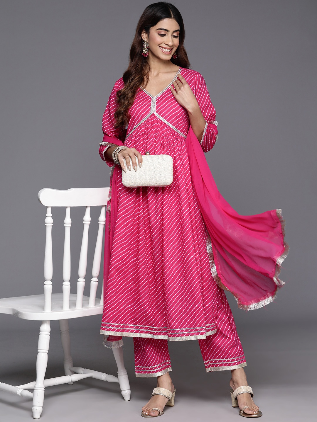 

Varanga Women Leheriya Printed Empire Gotta Patti Pure Cotton Kurta with Trousers & With Dupatta, Fuchsia