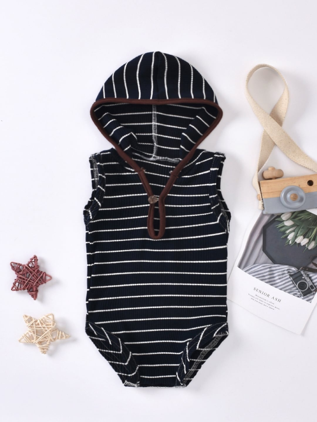 

StyleCast Infant Girls Navy Blue Striped Hooded Bodysuit