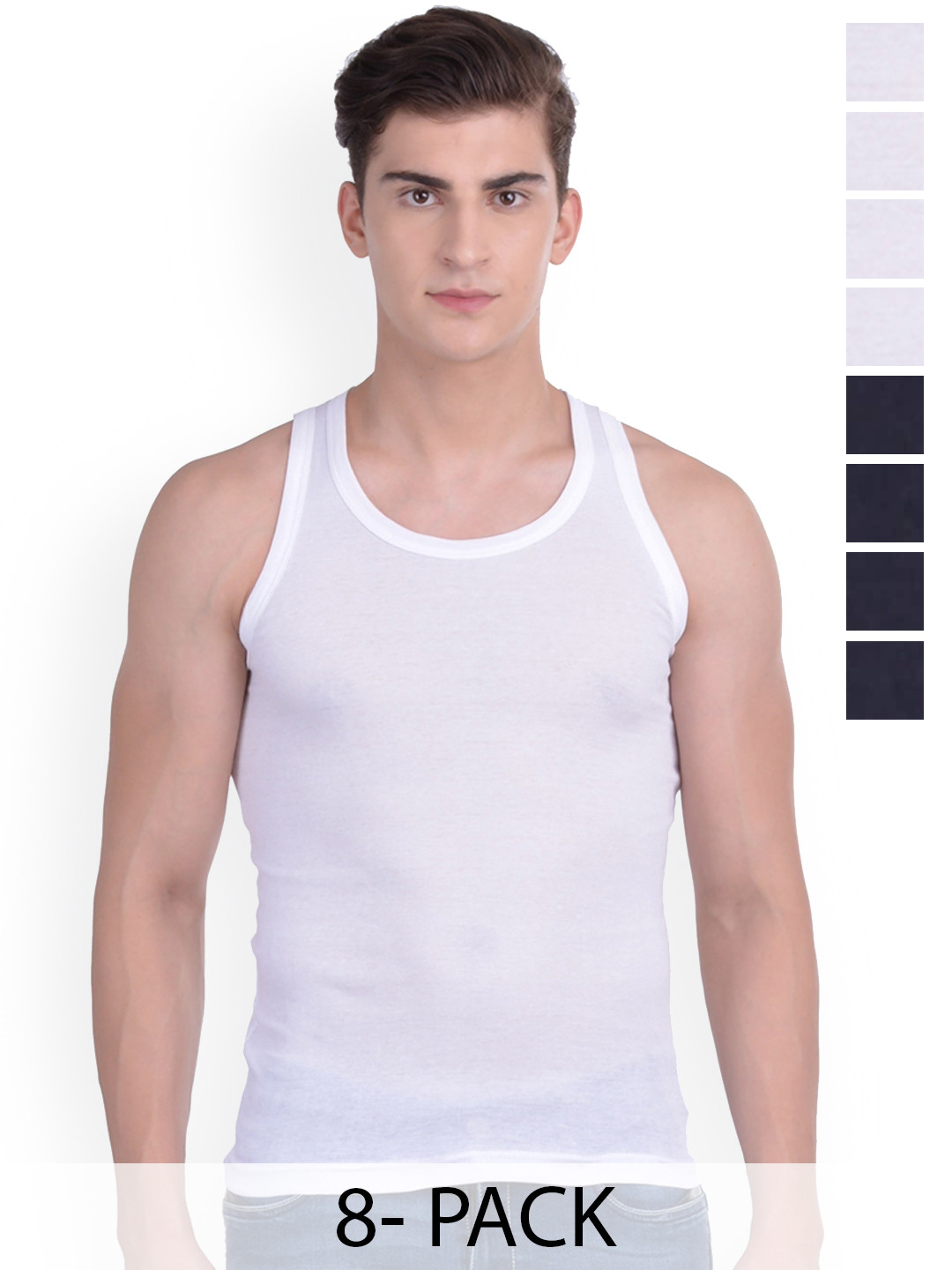 

Force NXT Pack Of 8 Cotton Sleeveless Innerwear Vests MNFR-231-WHITE-BLACK-PO8