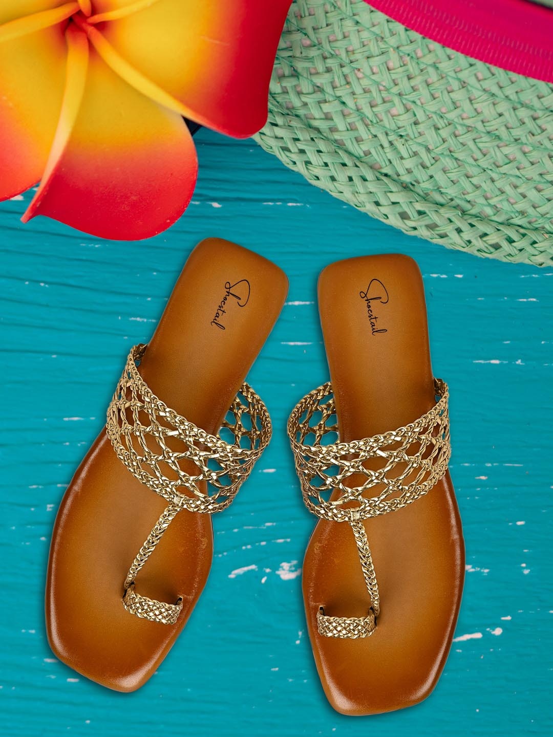 

Shoestail Textured One Toe Flats, Gold