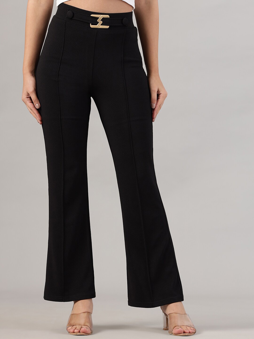 

FITHUB Women Mid-Rise Easy Wash Cotton Bootcut Trousers, Black