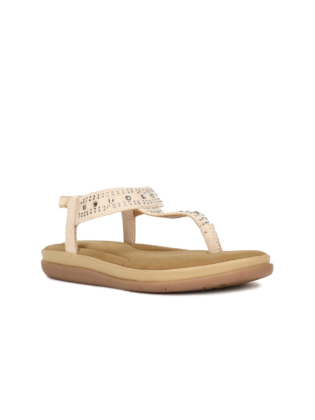 

Bata comfit Embellished Open Toe T-Strap Flats, Beige