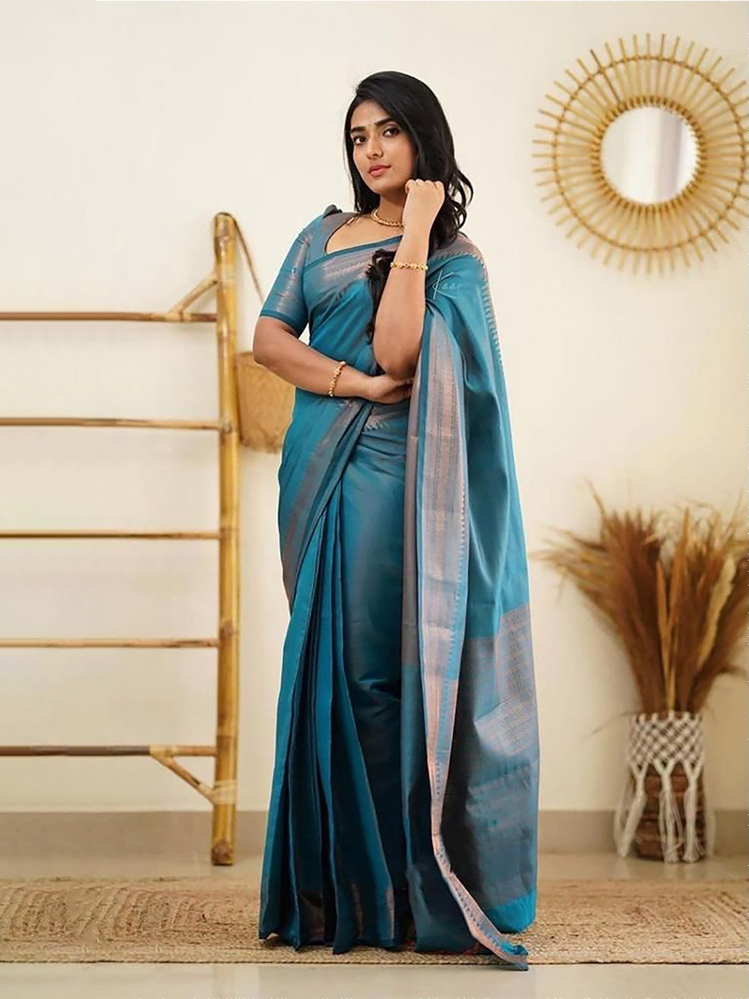 

BerMondsey Woven Design Zari Silk Saree, Turquoise blue