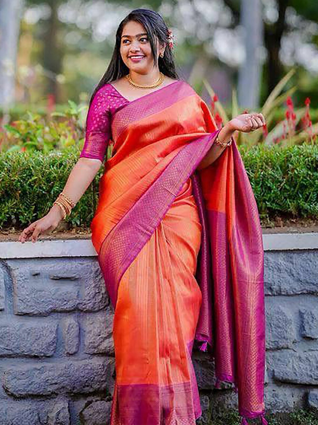 

BerMondsey Striped Woven Design Zari Banarasi Saree, Orange