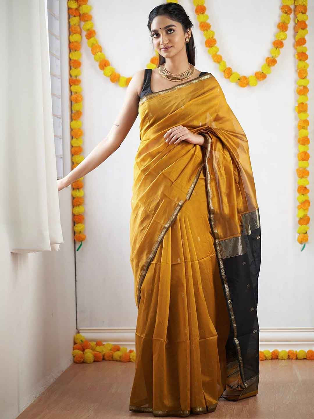 

BerMondsey Woven Design Zari Cotton Silk Banarasi Saree, Yellow