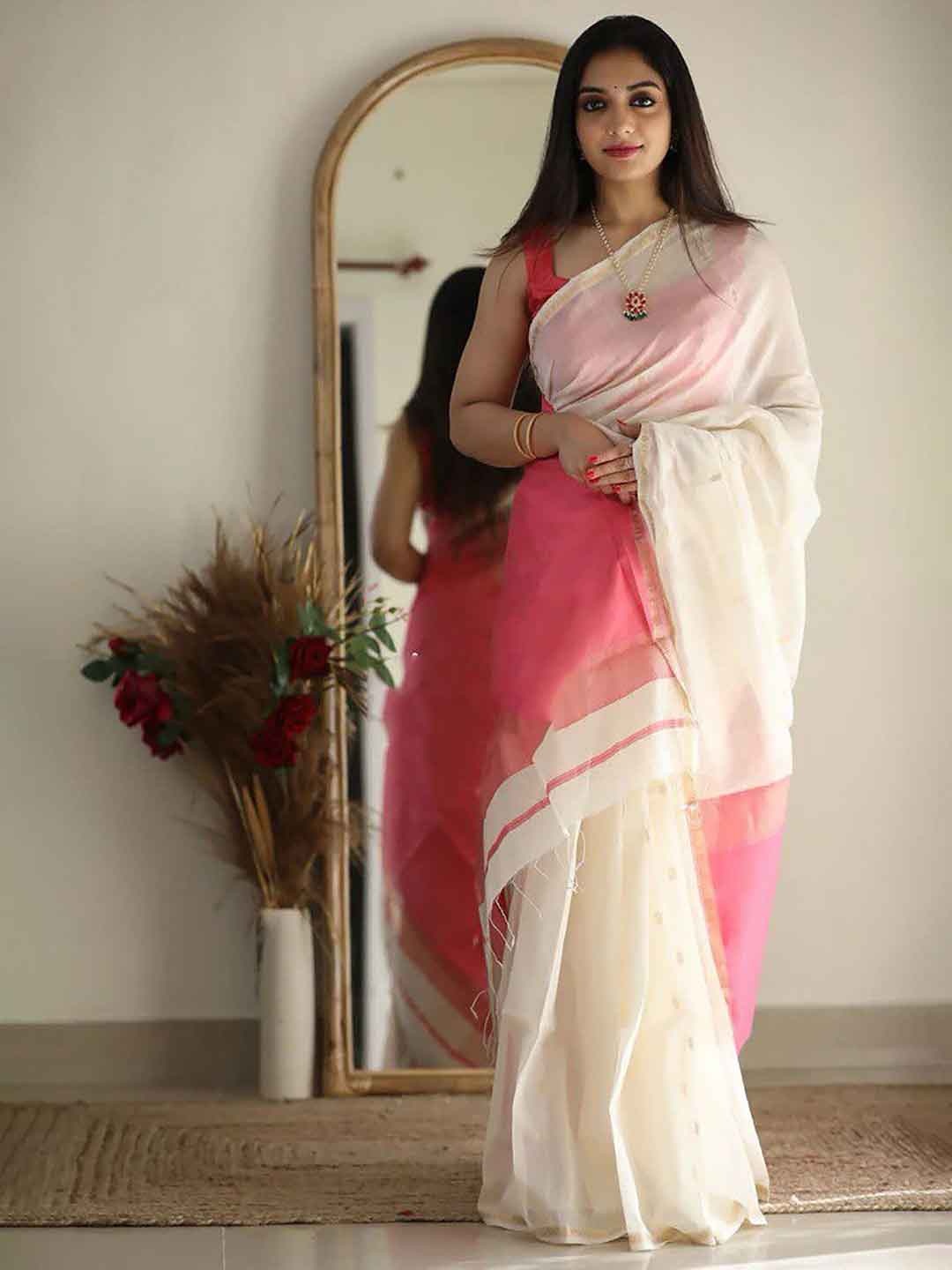 

BerMondsey Ethnic Motifs Woven Design Zari Silk Cotton Banarasi Saree, White