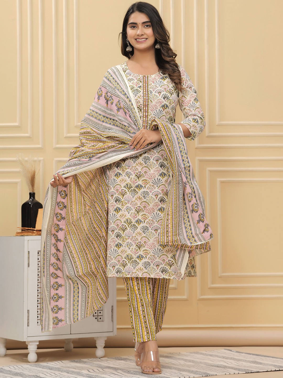 

KALINI Floral Printed Pure Cotton Kurta With Trousers & Dupatta, Beige