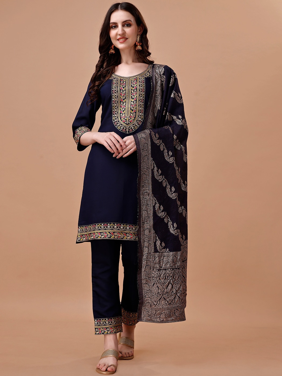 

KALINI Ethnic Motifs Embroidered Sequined Straight Kurta with Trousers & Dupatta, Blue