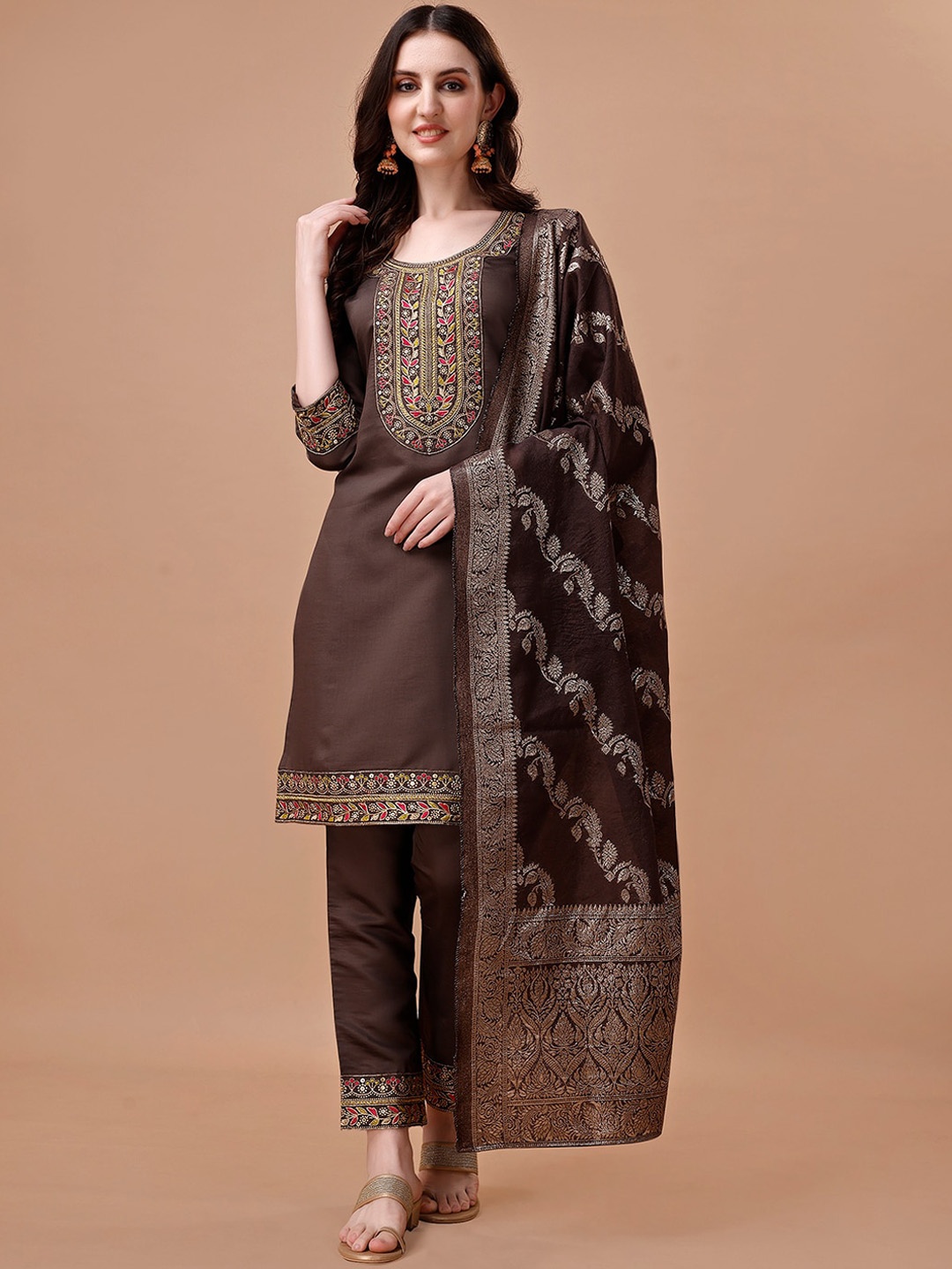 

KALINI Ethnic Motifs Embroidered Regular Kurta with Trousers & Dupatta, Brown