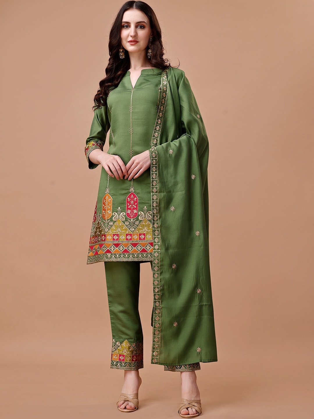 

KALINI Ethnic Motifs Embroidered Kurta With Trousers & Dupatta, Green