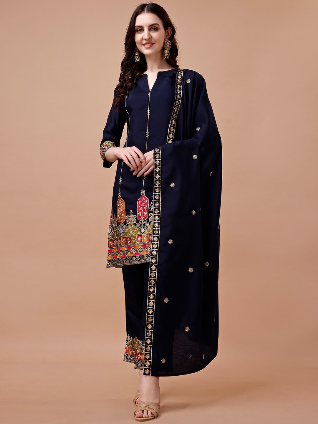 

KALINI Ethnic Motifs Embroidered Kurta With Trousers & Dupatta, Navy blue