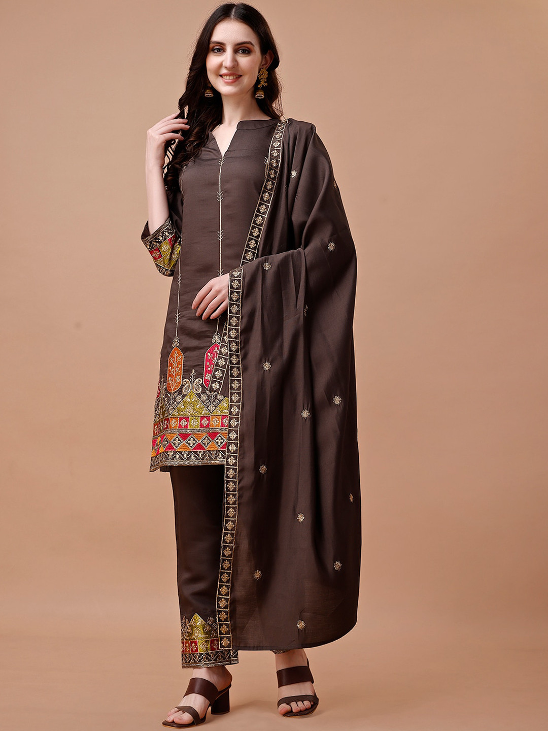 

KALINI Ethnic Motifs Embroidered Straight Kurta with Trousers & Dupatta, Brown
