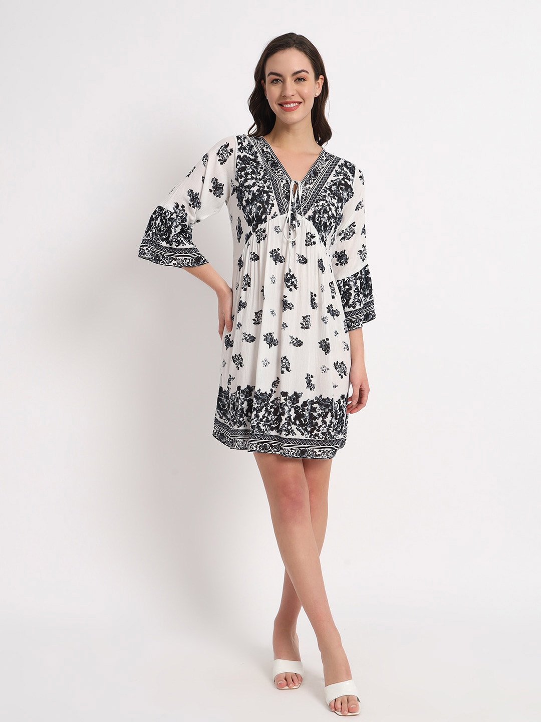 

VELDRESS Floral Printed V Neck Fit & Flare Dress, Black