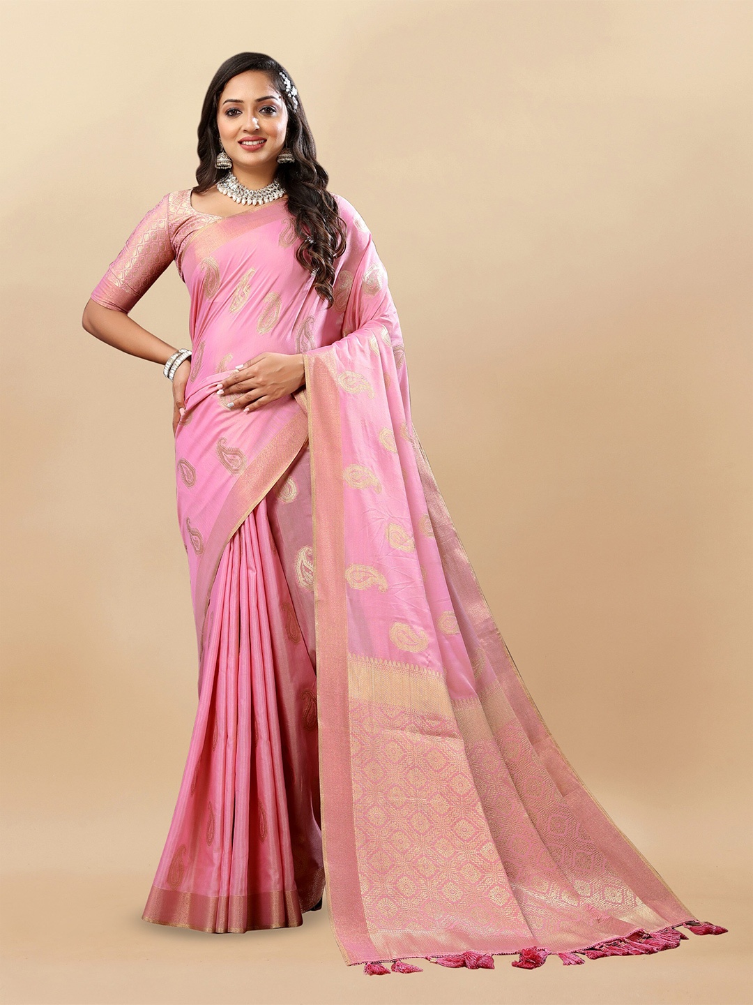 

DHANDAI FASHION Paisley Woven Design Zari Banarasi Saree, Pink