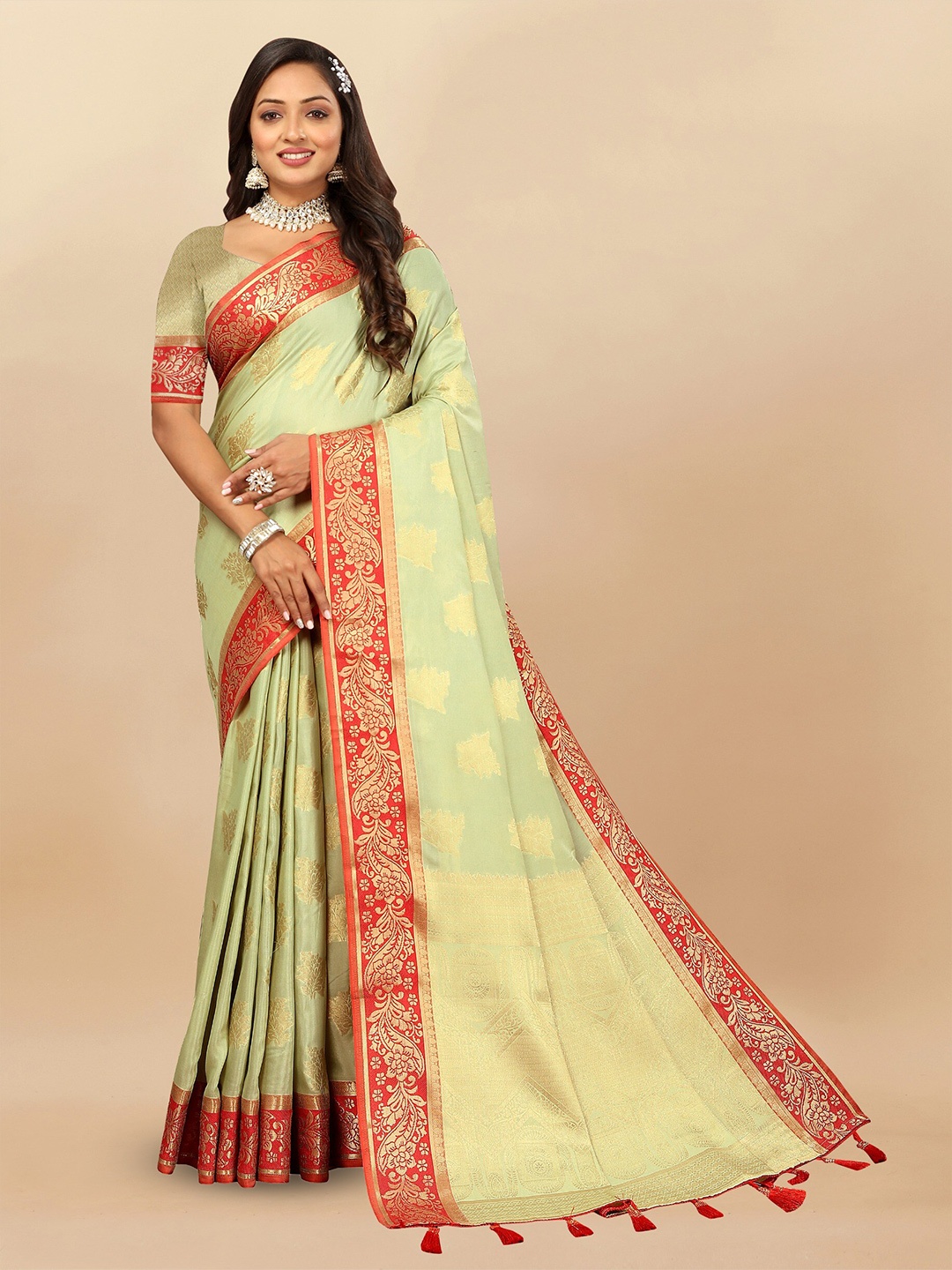 

DHANDAI FASHION Floral Woven Design Zari Banarasi Saree, Fluorescent green