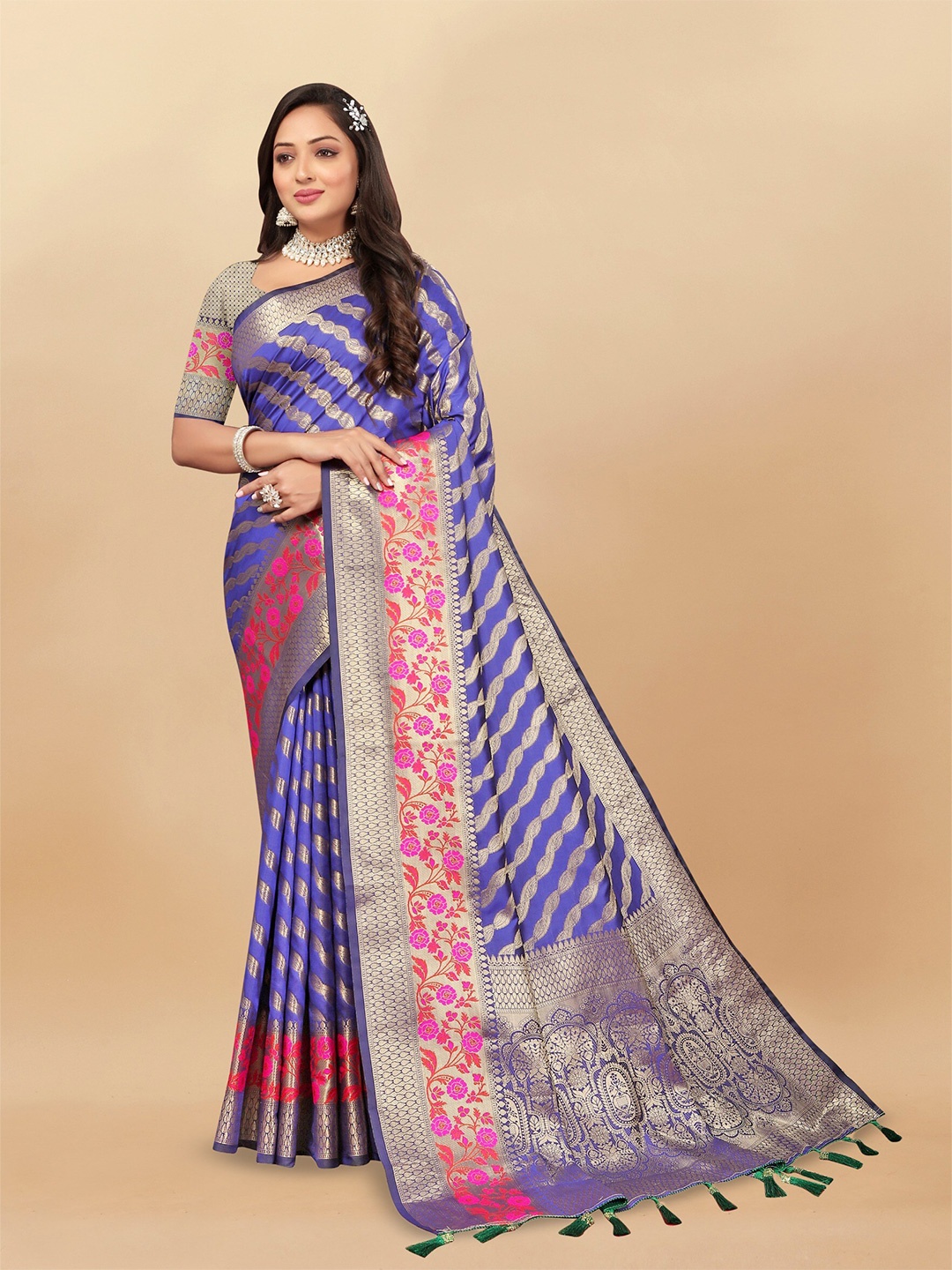 

DHANDAI FASHION Ethnic Motifs Woven Design Zari Banarasi Saree, Blue